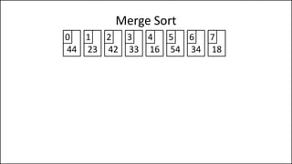 Merge Sort
44 23 42 33
0 1 2 3
16 54 34 18
4 5 6 7
 