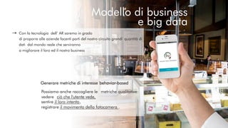 Modello di business
e big data
Con la tecnologia dell’ AR saremo in grado
quantità di
dati dal mondo reale che serviranno
di proporre alle aziende facenti parti del nostro circuito grandi
a migliorare il loro ed il nostro business
Generare metriche di interesse behavior-based
Possiamo anche raccogliere le metriche qualitative:
vedere ciò che l'utente vede,
sentire il loro intento,
registrare il movimento della fotocamera .
 