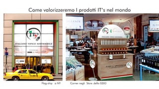 Come valorizzeremo I prodotti IT’s nel mondo
Flag-ship a NY Corner negli Store della GDO
 