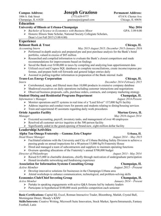 Campus Address: Joseph Grazioso Permanent Address:
1006 S. Oak Street (773) 659-9777 4714 N. Chester Ave
Champaign, IL 61820 graziosojoe@gmail.com Chicago, IL 60656
Education
University of Illinois at Urbana-Champaign May 2016
 Bachelor of Science in Economics with Business Minor GPA: 3.49/4.00
 Honors: Illinois State Scholar, National Society Collegiate Scholars,
Dean’s List Fall 2015 (3.88/4.00)
Experience
Belmont Bank & Trust Chicago, IL
Accounting Intern May 2015-August 2015, December 2015-January 2016
 Performed in-depth analysis and prepared pre and post purchase analysis for the Bank’s bond
portfolio, valued in excess of $85 million
 Researched and compiled information to evaluate the Bank’s closest competitors and made
recommendations for improvements based on findings
 Saved the Bank over $100,000 in taxes by compiling and analyzing loan apportionment data
 Utilized excel and Cognos SQL databases to complete reconciliations, create income/expense pro
formas, and prepare both roll forwards and general ledger entries daily
 Assisted in pulling together information in preparation of the Bank internal Audit
Trans-Lux Energy Corporation Chicago, IL
Intern December 2014-February 2015
 Corroborated, input, and filtered more than 10,000 products in extensive company database
 Shadowed executives on daily operations including customer interactions and negotiations
 Observed business proposals, calls, purchase orders, contracts, and company marketing strategy
Student Dining and Residential Programs Department Champaign, IL
Information’s Manager August 2014-Present
 Monitor operations and IT systems in real time of a “Leed Silver” 137,000 Sq/Ft facility
 Address inquiries and conduct tours for parents and students relating to dining/housing services
 Train and superintend 45 assistants regarding daily work procedures
Oriole Aquatics Facility Morton Grove, IL
Manager May 2010-August 2014
 Executed accounting, payroll, inventory tasks, and management of over 40 employees
 Resolved all customer service inquiries at the 500 person facility
 Significantly aided in the grand-opening of brand-new, eight-million dollar facility
Leadership/Activities
Alpha Tau Omega Fraternity – Gamma Zeta Chapter Urbana, IL
Head House Manager August 2014 – May 2015
 Facilitated relations with the University and City of Urbana Building Safety Division to achieve a
passing grade on annual inspections for a 90 person/15,000 Sq/Ft Fraternity House
 Hired and managed a team of subcontractors and suppliers to maintain operating functions
 Oversaw spending allocations of the Fraternity’s annual $700,000 budget
Director of Philanthropy August 2013 - May 2014
 Raised $15,000 in charitable donations, chiefly through motivation of undergraduate participation
 Honed invaluable networking and fundraising experience
Association for Information Systems Consulting Group Champaign, IL
Active Member August 2015 - Present
 Develop innovative solutions for businesses in the Champaign-Urbana area
 Attend workshops to enhance communication, technological, and problem-solving skills
Economics Club/Chief Investing Group Champaign, IL
Active Member January 2014 – Present
 Partake in speaking engagements with active Q&A forums led by industry leaders
 Participate in hypothetical $100,000 stock portfolio competition each semester
Basic Certifications: Capital IQ, Excel, Rotman Interactive Trader, Bloomberg, Matlab, Crystal Ball,
Morningstar Direct, Moody’s KMV
Skills/Interests: Creative Writing, Microsoft Suite Innovation, Stock Market, Sports/Intramurals, Fantasy
Football, Latin
 