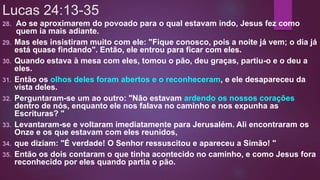 Lucas 24:13-35
28. Ao se aproximarem do povoado para o qual estavam indo, Jesus fez como
quem ia mais adiante.
29. Mas eles insistiram muito com ele: "Fique conosco, pois a noite já vem; o dia já
está quase findando". Então, ele entrou para ficar com eles.
30. Quando estava à mesa com eles, tomou o pão, deu graças, partiu-o e o deu a
eles.
31. Então os olhos deles foram abertos e o reconheceram, e ele desapareceu da
vista deles.
32. Perguntaram-se um ao outro: "Não estavam ardendo os nossos corações
dentro de nós, enquanto ele nos falava no caminho e nos expunha as
Escrituras? "
33. Levantaram-se e voltaram imediatamente para Jerusalém. Ali encontraram os
Onze e os que estavam com eles reunidos,
34. que diziam: "É verdade! O Senhor ressuscitou e apareceu a Simão! "
35. Então os dois contaram o que tinha acontecido no caminho, e como Jesus fora
reconhecido por eles quando partia o pão.
 