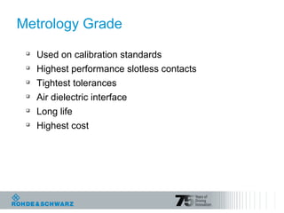Metrology Grade

Used on calibration standards

Highest performance slotless contacts

Tightest tolerances

Air dielectric interface

Long life

Highest cost
 