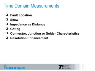 Time Domain Measurements
 Fault Location
 Skew
 Impedance vs Distance
 Gating
 Connector, Junction or Solder Charecteristics
 Resolution Enhancement
 