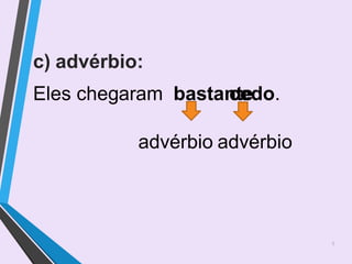 c) advérbio:
Eles chegaram bastante
cedo.
advérbio advérbio
5
 