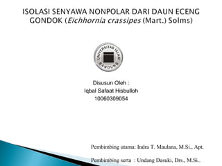 Disusun Oleh :
Iqbal Safaat Hisbulloh
10060309054
Pembimbing utama: Indra T. Maulana, M.Si., Apt.
Pembimbing serta : Undang Dasuki, Drs., M.Si..
 