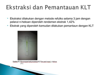  Ekstraksi dilakukan dengan metode refulks selama 3 jam dengan
pelarut n-heksan diperoleh rendemen ekstrak 1,42%
 Ekstrak yang diperoleh kemudan dilakukan pemantaun dengan KLT
 