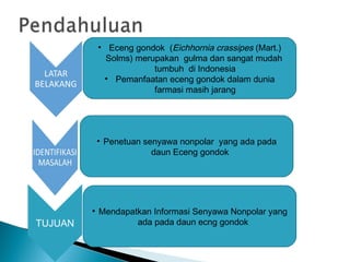 • Eceng gondok (Eichhornia crassipes (Mart.)
Solms) merupakan gulma dan sangat mudah
tumbuh di Indonesia
• Pemanfaatan eceng gondok dalam dunia
farmasi masih jarang
• Penetuan senyawa nonpolar yang ada pada
daun Eceng gondok
• Mendapatkan Informasi Senyawa Nonpolar yang
ada pada daun ecng gondokTUJUAN
 
