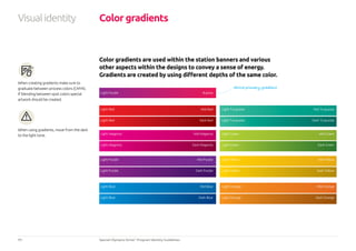 11 Special Olympics Strive™
Program Identity Guidelines
Visualidentity Color gradients
When creating gradients make sure to
graduate between process colors (CMYK).
If blending between spot colors special
artwork should be created.
When using gradients, move from the dark
to the light tone.
Color gradients are used within the station banners and various
other aspects within the designs to convey a sense of energy.
Gradients are created by using different depths of the same color.
Light Red
Light Purple
Light Red
Light Magenta
Light Magenta
Light Purple
Light Purple
Light Blue
Light Blue
Light Turquoise
Light Turquoise
Light Green
Light Green
Light Yellow
Light Yellow
Light Orange
Light Orange
Mid Red
Rubine
Dark Red
Mid Magenta
Dark Magenta
Mid Purple
Dark Purple
Mid Blue
Dark Blue
Mid Turquoise
Dark Turquoise
Mid Green
Dark Green
Mid Yellow
Dark Yellow
Mid Orange
Dark Orange
Strive primary gradient
 