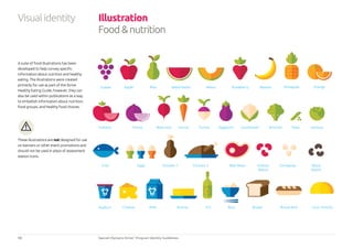 13 Special Olympics Strive™
Program Identity Guidelines
Visualidentity Illustration
Food&nutrition
A suite of food illustrations has been
developed to help convey specific
information about nutrition and healthy
eating. The illustrations were created
primarily for use as part of the Strive
Healthy Eating Guide, however, they can
also be used within publications as a way
to embellish information about nutrition,
food groups, and healthy food choices.
These illustrations are not designed for use
on banners or other event promotions and
should not be used in place of assessment
station icons.
Grapes
Eggs Chicken 1 Chicken 2 Red Meat Kidney
Beans
Chickpeas Black
beans
Fish
Yoghurt Rice Bread Bread Roll Corn TortillaCheese Milk Butter Oil
OnionTomato Beetroot Carrot Turnip Eggplant Cauliﬂower Brocolli Peas Lettuce
Apple Pear Watermelon Melon Strawberry Banana Pineapple Orange
 