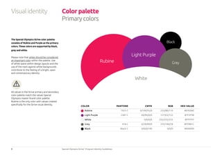 9
The Special Olympics Strive color palette
consists of Rubine and Purple as the primary
colors. These colors are supported by black,
grey and white.
Please note that white should be considered
an important color within the palette. Use
of white space within design layouts and the
use of the mark against white backgrounds
contribute to the feeling of a bright, open
and contemporary identity.
All values in the Strive primary and secondary
color palette match the values Special
Olympics master brand color palette.
Rubine is the only color with values created
specifically for the Strive visual identity.
Rubine
Light Purple
Black
Grey
Color palette
Primarycolors
Visualidentity
COLOR	 PANTONE	 CMYK	 RGB 	 HEX VALUE
Rubine	 1925 C	 0/100/55/0	 233/80/110	 #E9506E
Light Purple	 2587 C	 60/90/0/0	 127/63/152	 #7F3F98	
White	 -	 0/0/0/0	 255/255/255	 #FFFFFF
Grey	 418 C	 0/28/89/0	 255/184/28	 #FFB81C	
Black	 Black C	 0/0/0/100	 0/0/0	 #000000
White
Special Olympics Strive™
Program Identity Guidelines
 