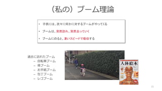 （私の）ブーム理論
過去に訪れたブーム
– 自転車ブーム
– 骨ブーム
– お手紙ブーム
– 包丁ブーム
– レゴブーム
21
• 子供には、次々に何かに対するブームがやってくる
• ブームは、突然訪れ、突然去っていく
• ブームにのると、凄いスピードで吸収する
 