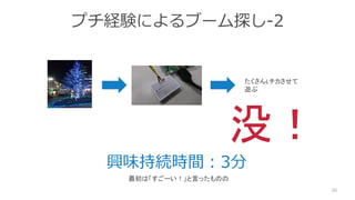 プチ経験によるブーム探し-2
26
興味持続時間：3分
最初は「すごーい！」と言ったものの
たくさんLチカさせて
遊ぶ
没！
 