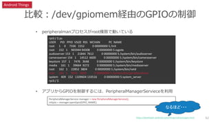 比較：/dev/gpiomem経由のGPIOの制御
• peripheralmanプロセスがroot権限で動いている
• アプリからGPIOを制御するには、PeripheralManagerServieceを利用
62
rpi3:/ $ ps
USER PID PPID VSIZE RSS WCHAN PC NAME
root 1 0 7336 1552 0 00000000 S /init
root 152 1 965944 94308 0 00000000 S zygote
audioserver 153 1 21844 7612 0 00000000 S /system/bin/audioserver
cameraserver 154 1 14512 6600 0 00000000 S /system/bin/cameraserver
keystore 157 1 7476 3648 0 00000000 S /system/bin/keystore
media 161 1 39664 9272 0 00000000 S /system/bin/mediaserver
root 162 1 22852 3804 0 00000000 S /system/bin/netd
root 163 1 9016 3820 0 00000000 S /system/bin/peripheralman
system 409 152 1109604 133516 0 00000000 S system_server
rpi3:/ $
PeripheralManagerService manager = new PeripheralManagerService();
mGpio = manager.openGpio(GPIO_NAME);
Android Things
https://developer.android.com/things/sdk/pio/gpio.html
なるほど・・・
 