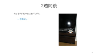 2週間後
そっとテレビの前に置いてみた
– 反応なし
70
 