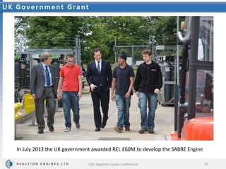 R E A C T I O N E N G I N E S L T D
UK Government Grant
20
In July 2013 the UK government awarded REL £60M to develop the SABRE Engine
10th Appleton Space Conference
 