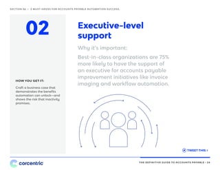 THE DEFINITIVE GUIDE TO ACCOUNTS PAYABLE • 24
Executive-level
support02
I N V O I C E
I N V O I C E
I N V O I C E
Craft a business case that
demonstrates the benefits
automation can unlock—and
shows the risk that inactivity
promises.
HOW YOU GET IT:HOW YOU GET IT:
Why it’s important:
Best-in-class organizations are 75%
more likely to have the support of
an executive for accounts payable
improvement initiatives like invoice
imaging and workflow automation.
TWEET THIS ›
SECTION 06 — 5 MUST-HAVES FOR ACCOUNTS PAYABLE AUTOMATION SUCCESS.
 