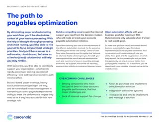 THE DEFINITIVE GUIDE TO ACCOUNTS PAYABLE • 29
The path to
payables optimization
By eliminating paper and automating
your workflow, you’ll be able to take
control of your invoice processing. With
the help of straight-through processing
and smart routing, you’ll be able to free
yourself to focus on your most strategic
priorities. And you’ll have access to a
self-service, cloud-based, Software as
a Service (SaaS) solution that will help
you stay nimble.
With Corcentric, you’ll be able to seamlessly
support your organization—whether it is
rapidly growing or seeking operational
efficiency—and address future concerns with
minimal effort.
But out-dated, paper-intensive, heavy-
touch processes are getting in the way,
and de-centralized invoice management is
hampering accounts payable departments’
ability to meet the performance targets they
need to hit if they’re to succeed in their new
strategic role.
Build a compelling case to gain the internal
support you need from the decision-makers
who will make or break your accounts
payable automation initiative.
Spend time tailoring your case to the requirements of
the different stakeholders involved. For the executive,
the selling point will be cost savings, control of cash
flow, better forecasting, and the agility that Software
as a Service (SaaS) solutions give you. For staff, your
message should be one of reduced administrative
work and more time to focus on rewarding strategic
endeavors. For suppliers, the benefit will be timely
payments and visibility to invoice and payment status.
OVERCOMING CHALLENGES
SECTION 07 — HOW DO YOU GET THERE?
Align automation efforts with your
business goals for maximum ROI.
Automation is only valuable when it’s tied
to real-world goals.
So make sure you have clearly articulated desired
business outcomes before you think about
implementing accounts payable automation. Your
conversations with stakeholders will help you
clarify those goals and the key processes on which
they depend. Get this process right and you have
the opportunity not only to remove friction from
your payables processes, but to transform your AP
department into a valuable, strategic partner to the
wider business.
•• Among companies who have
not yet hit best-in-class accounts
payable performance, the four
major challenges are:
•• Lack of internal support for change
•• Funds to purchase and implement
an automation solution
•• Integration with other systems
•• IT resources and time to implement
and manage a solution
 