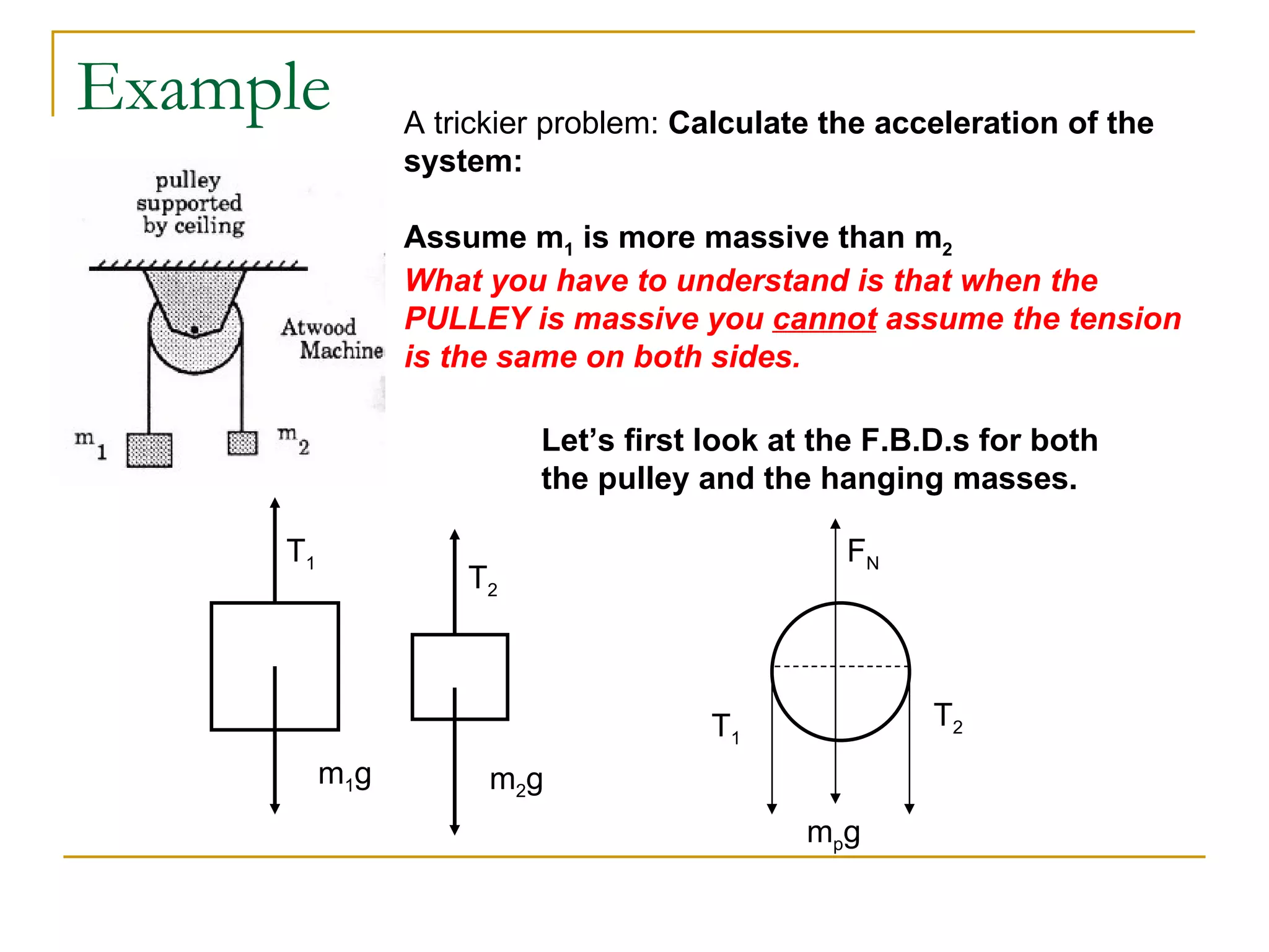 Example A trickier problem:  Calculate the acceleration of the system: Assume m 1  is more massive than m 2 What you have to understand is that when the PULLEY is massive you  cannot  assume the tension is the same on both sides. Let’s first look at the F.B.D.s for both the pulley and the hanging masses. m 1 g T 1 m 2 g T 2 m p g F N T 2 T 1 