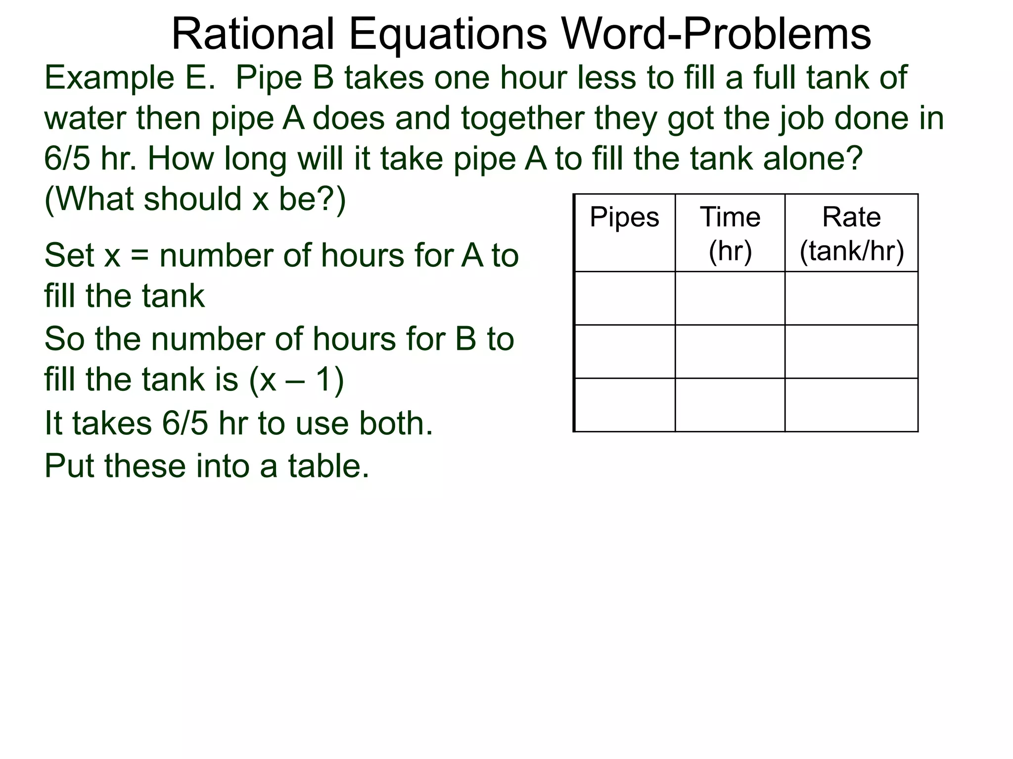 Rational Equations Word-Problems
Set x = number of hours for A to
fill the tank
Pipes Time
(hr)
Rate
(tank/hr)
Example E. Pipe B takes one hour less to fill a full tank of
water then pipe A does and together they got the job done in
6/5 hr. How long will it take pipe A to fill the tank alone?
(What should x be?)
So the number of hours for B to
fill the tank is (x – 1)
It takes 6/5 hr to use both.
Put these into a table.
 