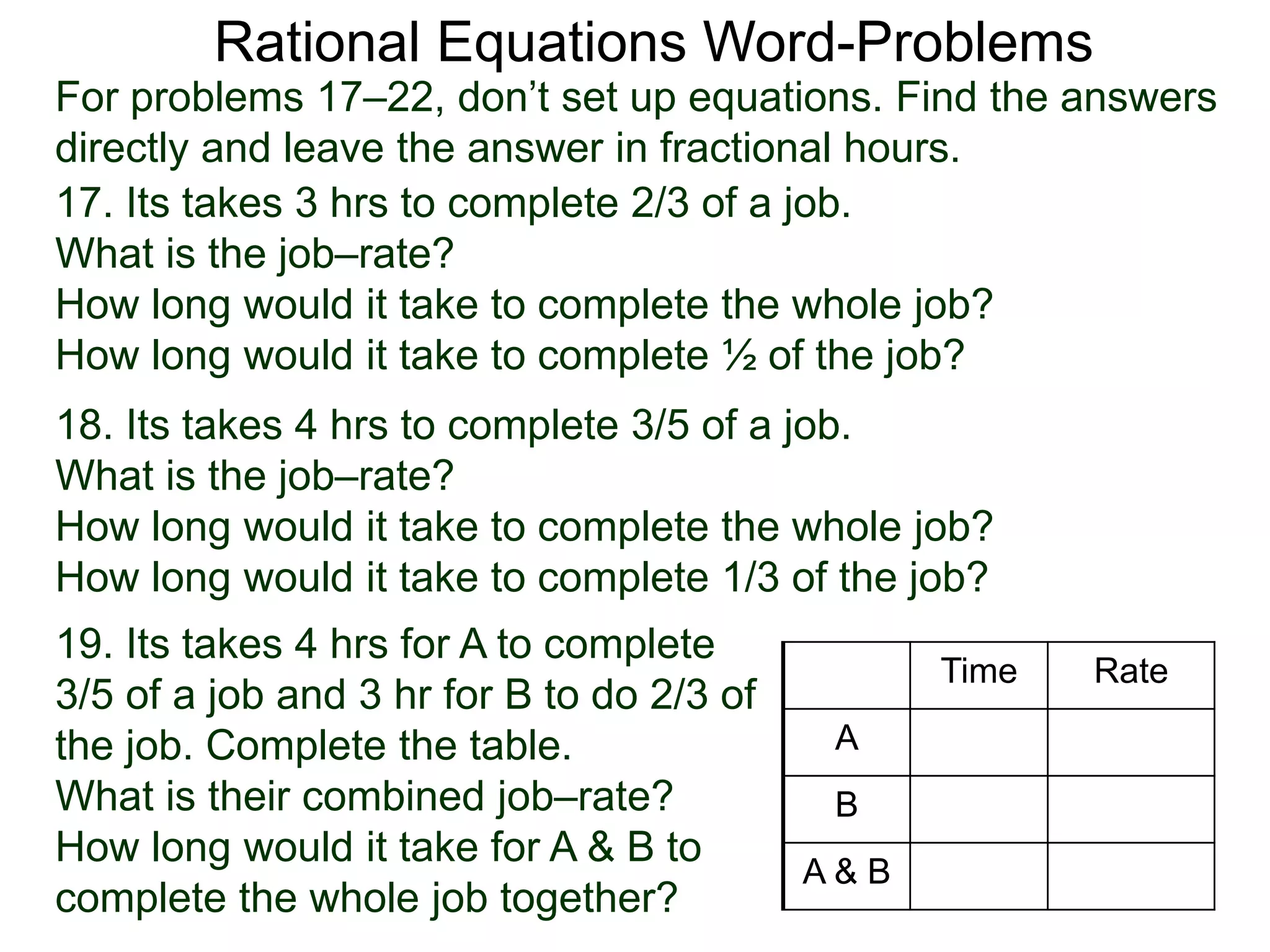 Rational Equations Word-Problems
17. Its takes 3 hrs to complete 2/3 of a job.
What is the job–rate?
How long would it take to complete the whole job?
How long would it take to complete ½ of the job?
For problems 17–22, don’t set up equations. Find the answers
directly and leave the answer in fractional hours.
18. Its takes 4 hrs to complete 3/5 of a job.
What is the job–rate?
How long would it take to complete the whole job?
How long would it take to complete 1/3 of the job?
Time Rate
A
B
A & B
19. Its takes 4 hrs for A to complete
3/5 of a job and 3 hr for B to do 2/3 of
the job. Complete the table.
What is their combined job–rate?
How long would it take for A & B to
complete the whole job together?
 