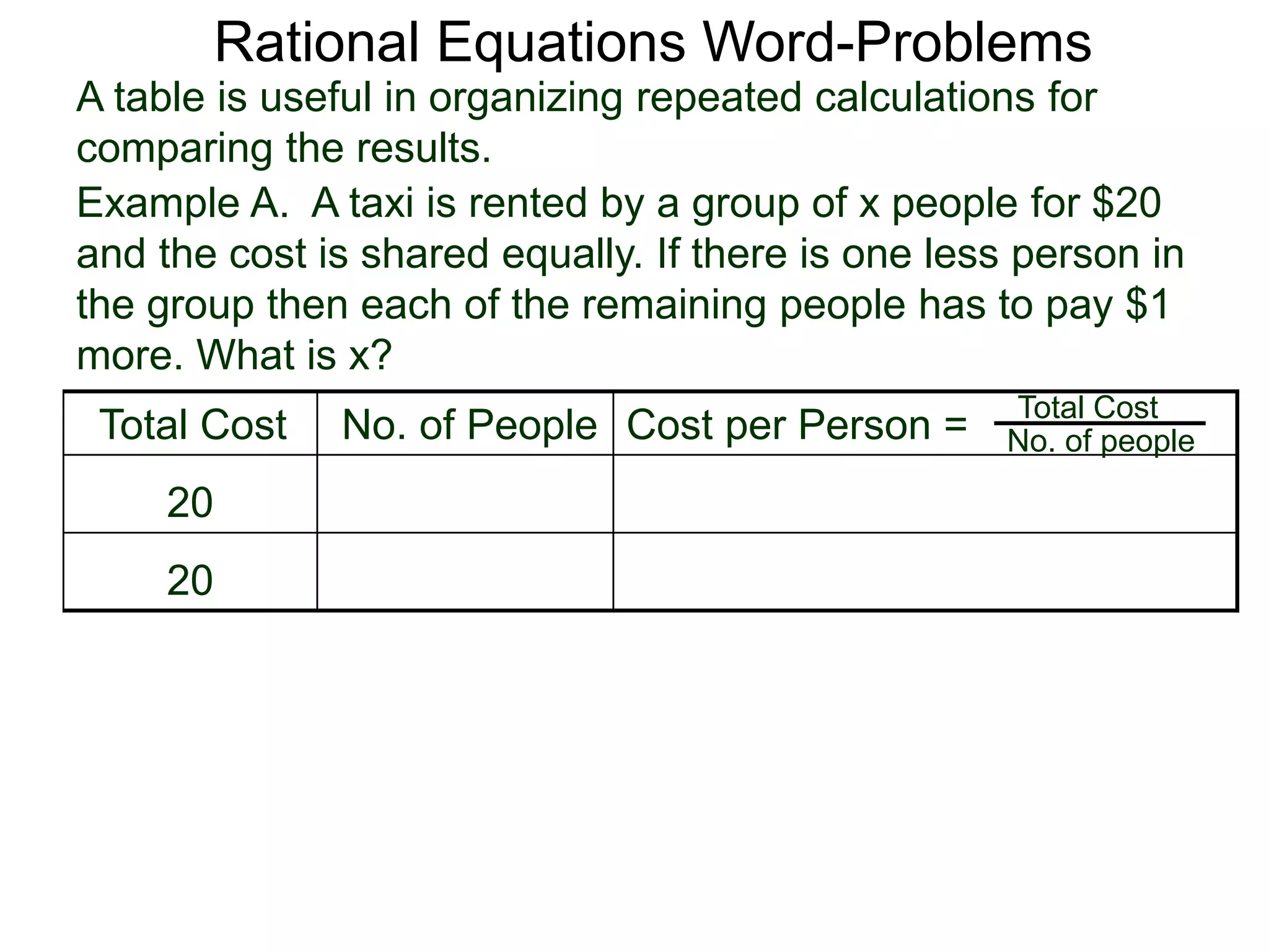 Rational Equations Word-Problems
Example A. A taxi is rented by a group of x people for $20
and the cost is shared equally. If there is one less person in
the group then each of the remaining people has to pay $1
more. What is x?
A table is useful in organizing repeated calculations for
comparing the results.
Total Cost No. of People Cost per Person =
20
20
Total Cost
No. of people
 