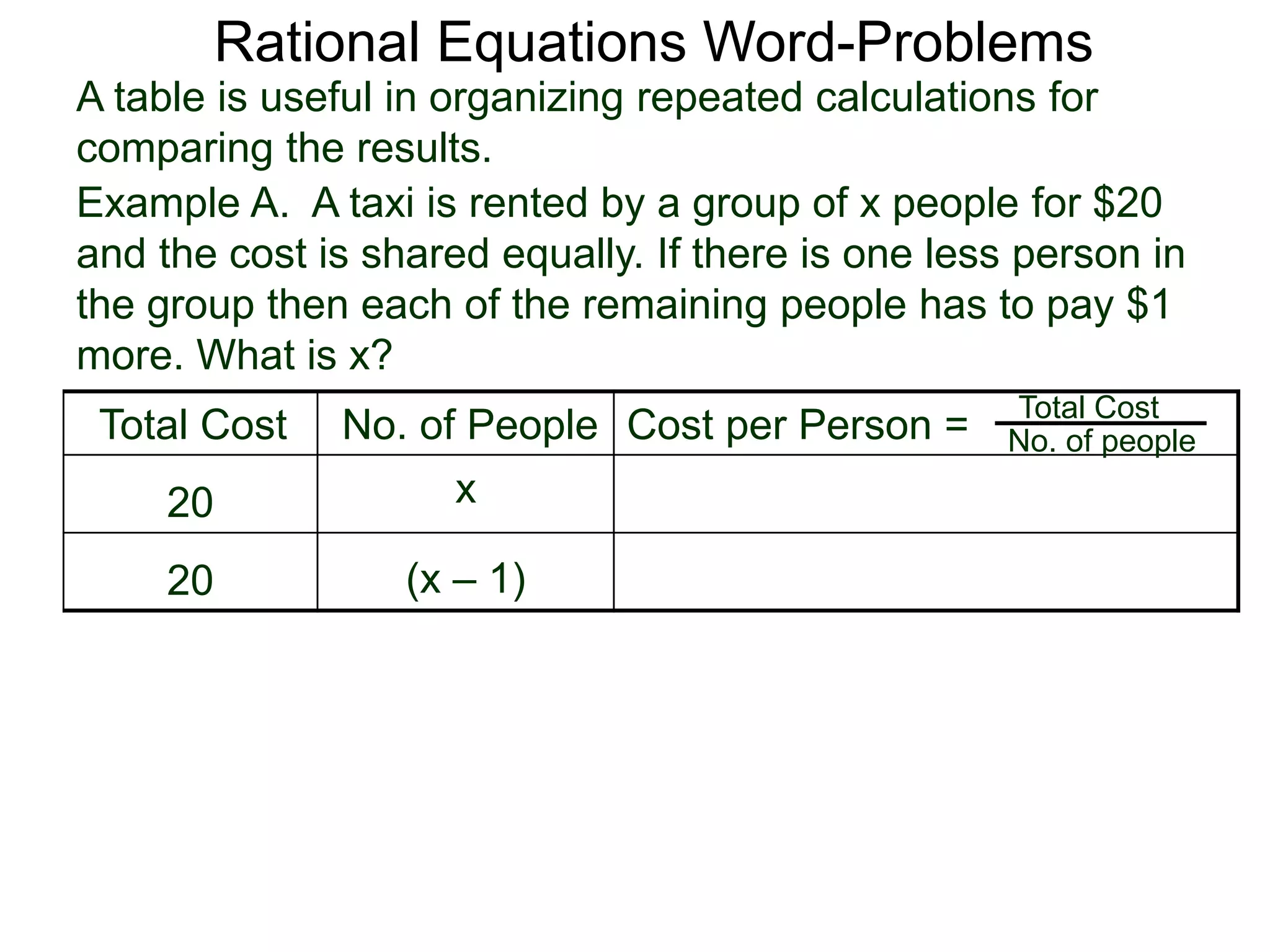 Rational Equations Word-Problems
Example A. A taxi is rented by a group of x people for $20
and the cost is shared equally. If there is one less person in
the group then each of the remaining people has to pay $1
more. What is x?
A table is useful in organizing repeated calculations for
comparing the results.
Total Cost No. of People Cost per Person =
20 x
20 (x – 1)
Total Cost
No. of people
 