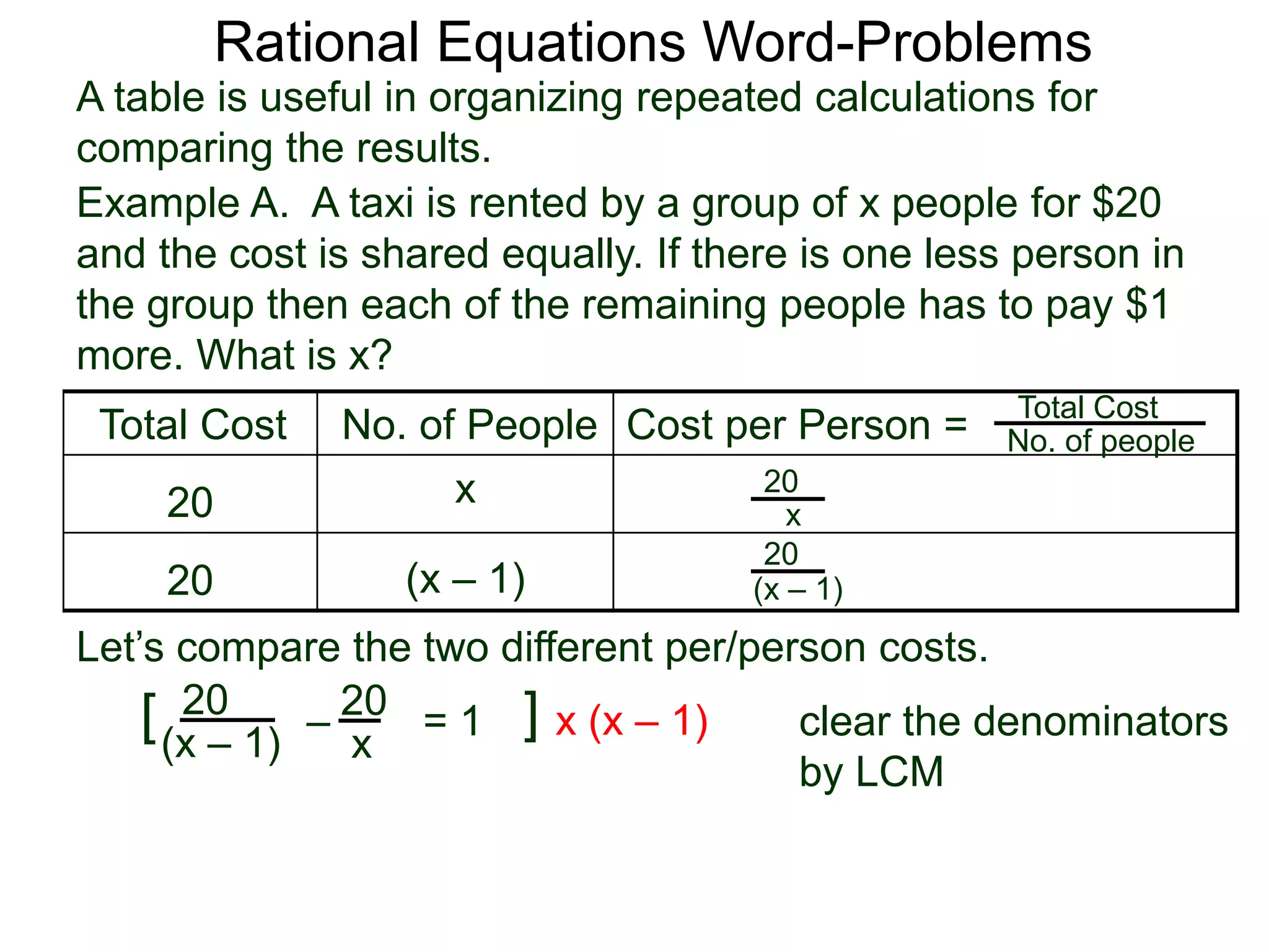 Rational Equations Word-Problems
Example A. A taxi is rented by a group of x people for $20
and the cost is shared equally. If there is one less person in
the group then each of the remaining people has to pay $1
more. What is x?
Total Cost No. of People Cost per Person =
20 x
20 (x – 1)
Total Cost
No. of people
20
x
20
(x – 1)
20
(x – 1)
Let’s compare the two different per/person costs.
– = 1[ ] x (x – 1) clear the denominators
by LCM
A table is useful in organizing repeated calculations for
comparing the results.
20
x
 