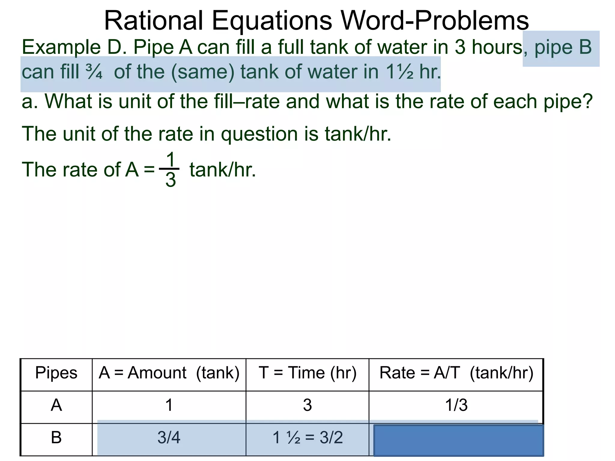 Rational Equations Word-Problems
Example D. Pipe A can fill a full tank of water in 3 hours, pipe B
can fill ¾ of the (same) tank of water in 1½ hr.
a. What is unit of the fill–rate and what is the rate of each pipe?
The unit of the rate in question is tank/hr.
1
3
The rate of A = tank/hr.
Pipes A = Amount (tank) T = Time (hr) Rate = A/T (tank/hr)
A 1 3 1/3
B 3/4 1 ½ = 3/2 1/2
 