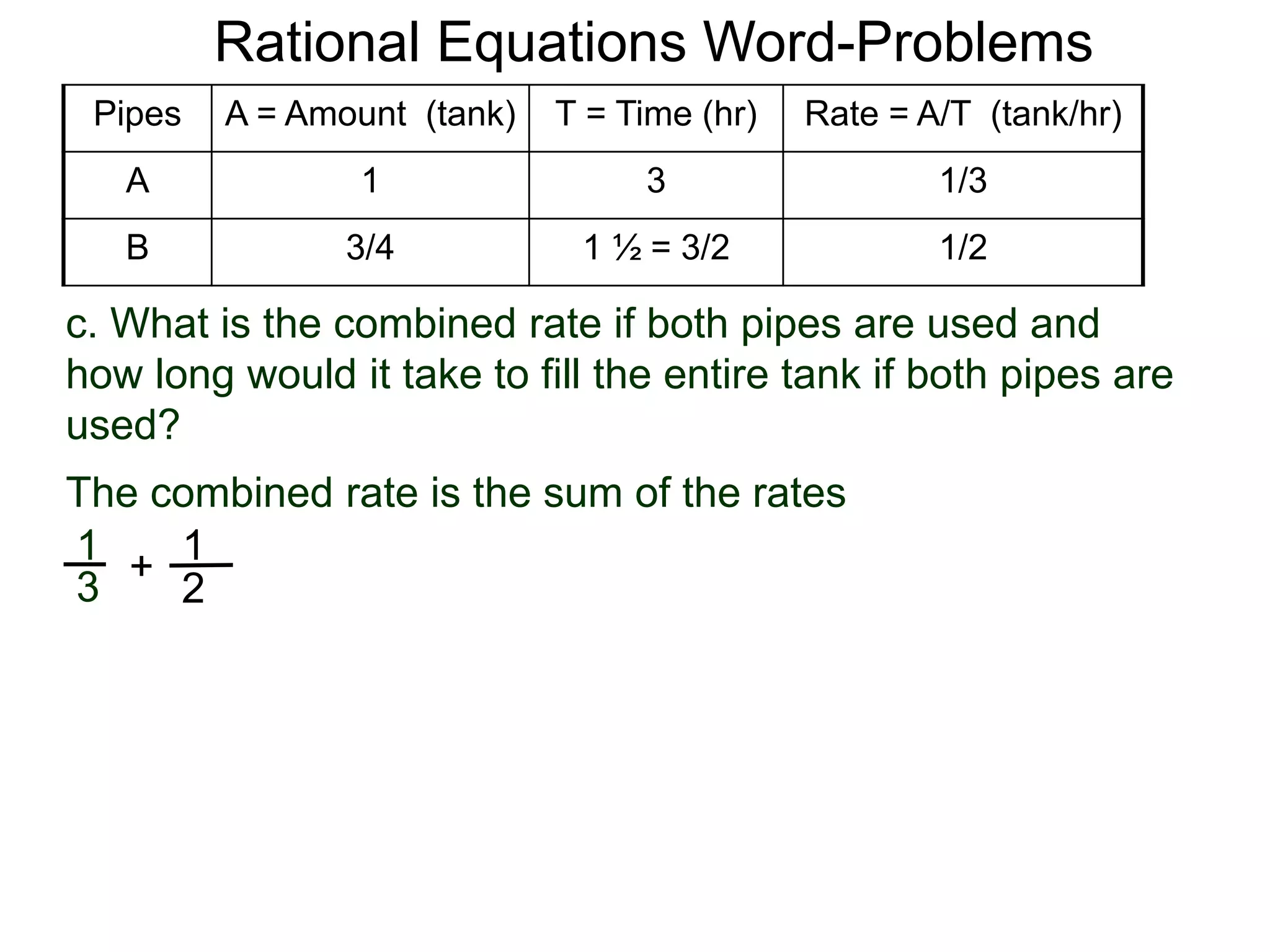 Rational Equations Word-Problems
The combined rate is the sum of the rates
Pipes A = Amount (tank) T = Time (hr) Rate = A/T (tank/hr)
A 1 3 1/3
B 3/4 1 ½ = 3/2 1/2
c. What is the combined rate if both pipes are used and
how long would it take to fill the entire tank if both pipes are
used?
1
3 +
1
2
 
