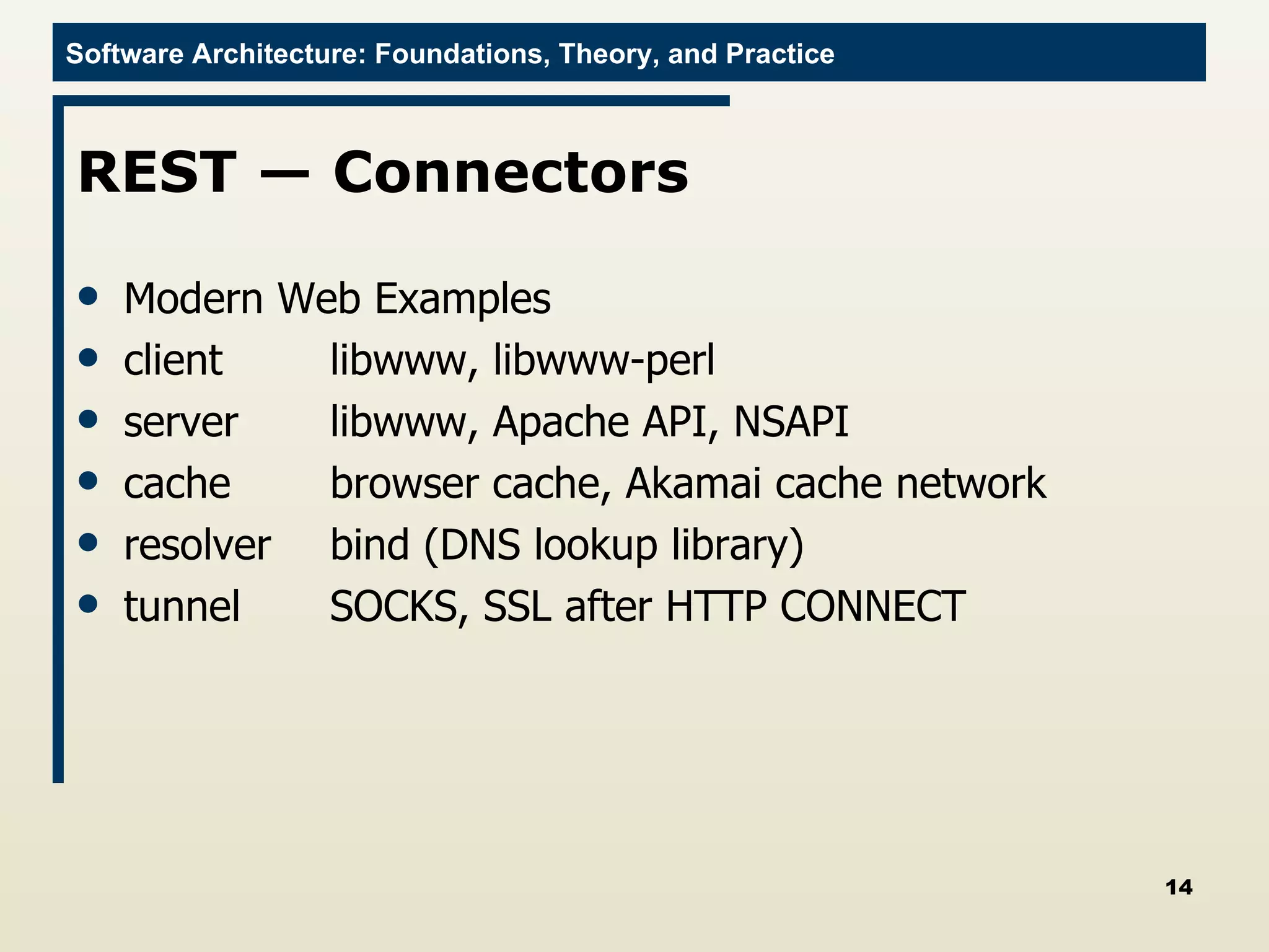 REST — Connectors Modern Web Examples client libwww, libwww-perl server libwww, Apache API, NSAPI cache browser cache, Akamai cache network resolver bind (DNS lookup library) tunnel SOCKS, SSL after HTTP CONNECT 