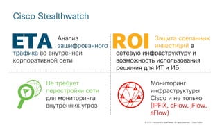 © 2018 Cisco and/or its affiliates. All rights reserved. Cisco Public
Cisco Stealthwatch
ETA ROIАнализ
зашифрованного
траф...