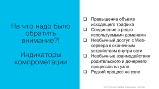 © 2018 Cisco and/or its affiliates. All rights reserved. Cisco Public
На что надо было
обратить
внимание?!
Индикаторы
компрометации
q Превышение объема
исходящего трафика
q Соединение с редко
используемыми доменами
q Необычный доступ с Web-
сервера к оконечным
устройствам внутри сети
q Необычные взаимодействия
родительского и дочернего
процессов на узле
q Редкий процесс на узле
 
