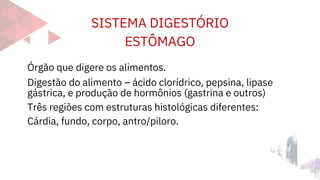 SISTEMA DIGESTÓRIO
ESTÔMAGO
Órgão que digere os alimentos.
Digestão do alimento – ácido clorídrico, pepsina, lipase
gástrica, e produção de hormônios (gastrina e outros)
Três regiões com estruturas histológicas diferentes:
Cárdia, fundo, corpo, antro/piloro.
 