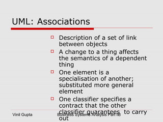Vinil Gupta Business Systems Analysis Part II8
UML: Associations
 Description of a set of link
between objects
 A change to a thing affects
the semantics of a dependent
thing
 One element is a
specialisation of another;
substituted more general
element
 One classifier specifies a
contract that the other
classifier guarantees to carry
out
 