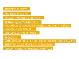 TRAFFICO ELEVATO
PROBLEMI DI SOSTA
ELEVATE EMISSIONI ACUSTICHE
PESSIMA QUALITÀ DELL’ARIA
ACCUMULO DI IMMONDIZIE PRESSO CASSONETTI PER LA
RACCOLTA DEI RIFIUTI
IMBRATTAMENTO DEI MURI
SPORCIZIA
MANCANZA DI CURA PER LO SPAZIO PUBBLICO MANCANZA DI
RISPETTO DELLE REGOLE DI CONVIVENZA
DISCONTINUITÀ NEI PERCORSI PEDONALI
 