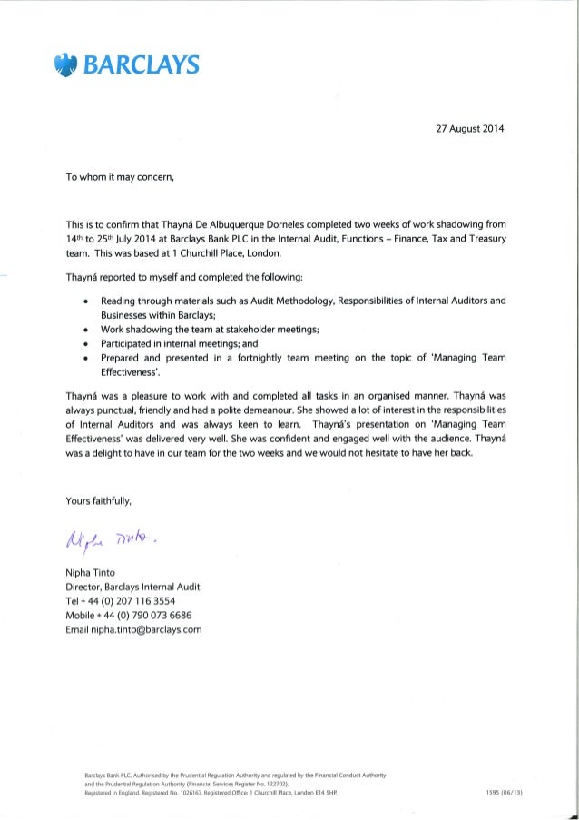 Barclays Reference Letter
