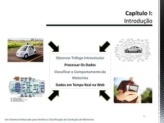 11
Um Sistema Embarcado para Análise e Classificação de Condução de Motorista
Observar Tráfego Intraveicular
Processar Os Dados
Classificar o Comportamento do
Motorista
Dados em Tempo Real na Web
 