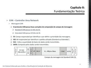18
Um Sistema Embarcado para Análise e Classificação de Condução de Motorista
Campos da mensagem do Standard CAN [3].
 CAN – Controller Area Network
 Mensagem CAN
 O protocolo CAN possui duas variações de composição de campos de mensagem:
 Standard CAN possui 11 bits de ID.
 Extended CAN possui 29 bits de ID.
 ID: Campo responsável por identificar e por definir a prioridade das mensagens.
 IDE: Bit responsável por identificar o padrão utilizado (Standard ou Extended ).
 DLC: Indica a quantidade de bytes de dados sendo transmitidos.
 DATA: Composto pelos dados sendo transmitidos.
 