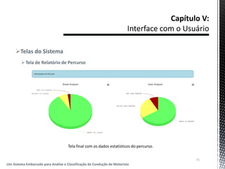 Telas do Sistema
Tela de Relatório de Percurso
71
Um Sistema Embarcado para Análise e Classificação de Condução de Motorista
Tela final com os dados estatísticos do percurso.
 