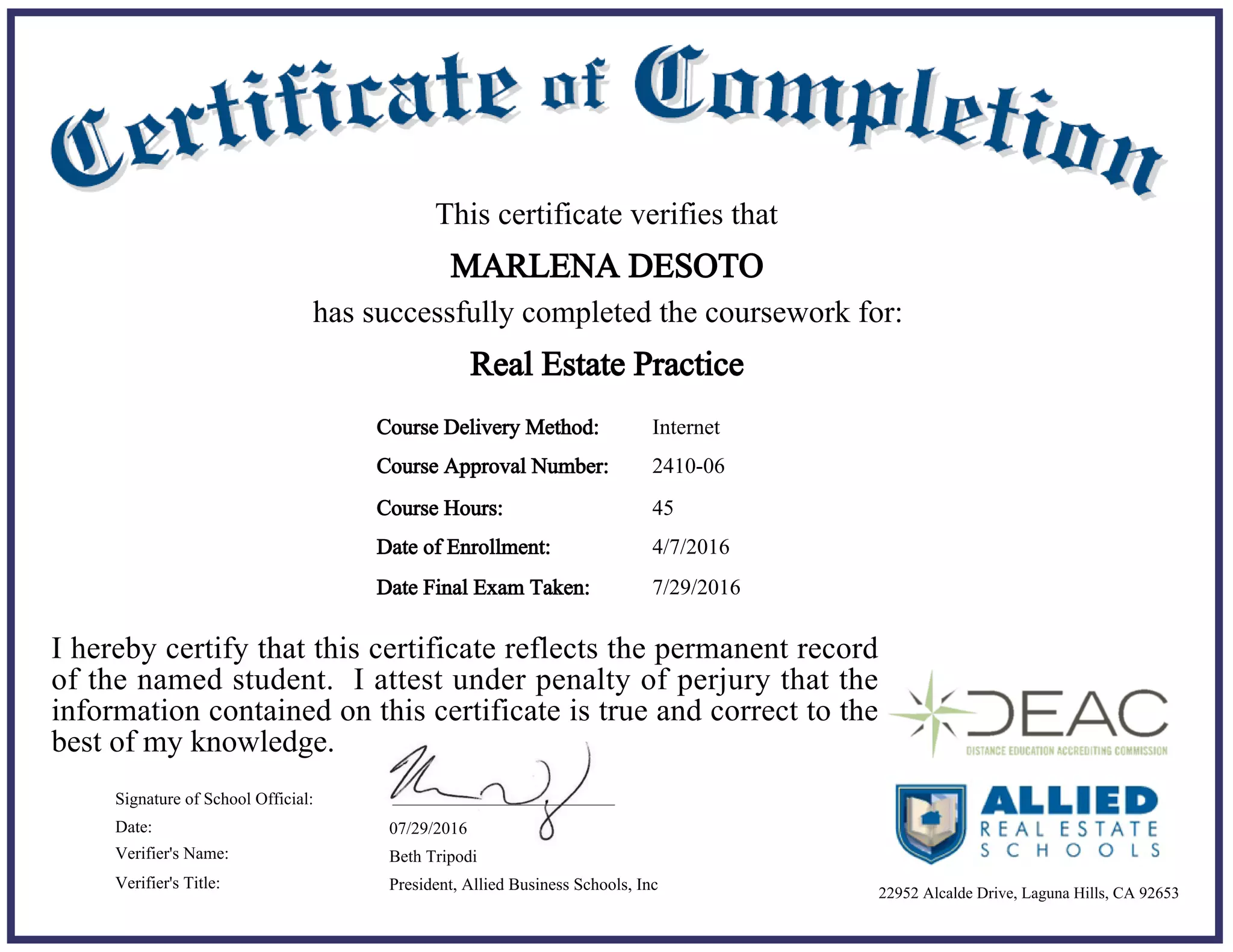 Certificate Real Example certificate Real Estate Pratices | PDF