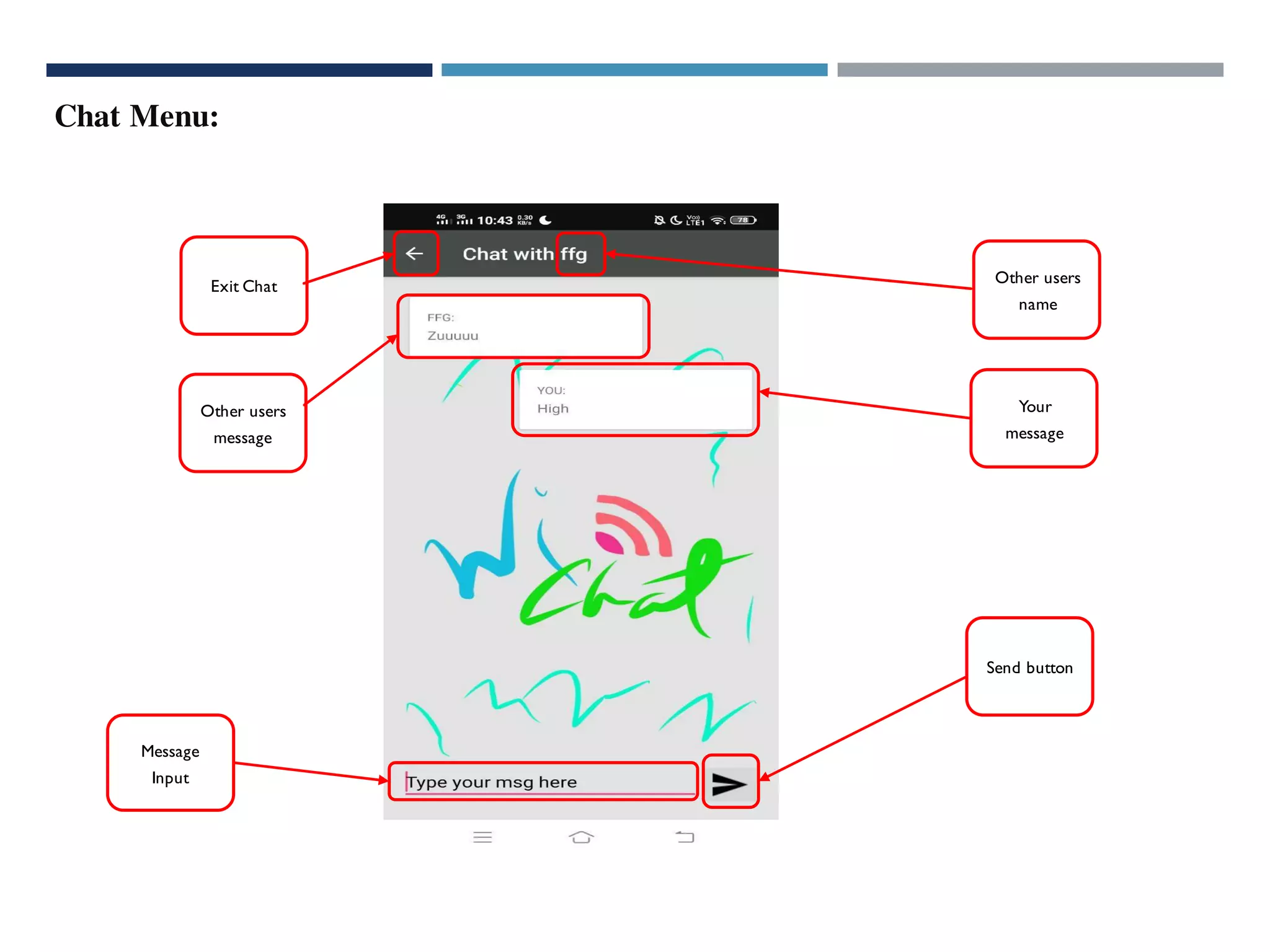 Chat Menu:
Exit Chat
Other users
message
Your
message
Other users
name
Message
Input
Send button
 