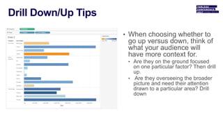 • When choosing whether to
go up versus down, think of
what your audience will
have more context for.
• Are they on the ground focused
on one particular factor? Then drill
up.
• Are they overseeing the broader
picture and need their attention
drawn to a particular area? Drill
down
 