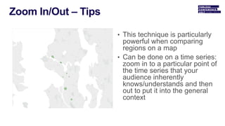 • This technique is particularly
powerful when comparing
regions on a map
• Can be done on a time series:
zoom in to a particular point of
the time series that your
audience inherently
knows/understands and then
out to put it into the general
context
 
