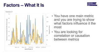 • You have one main metric
and you are trying to show
what factors influence it the
most
• You are looking for
correlation or causation
between metrics
 