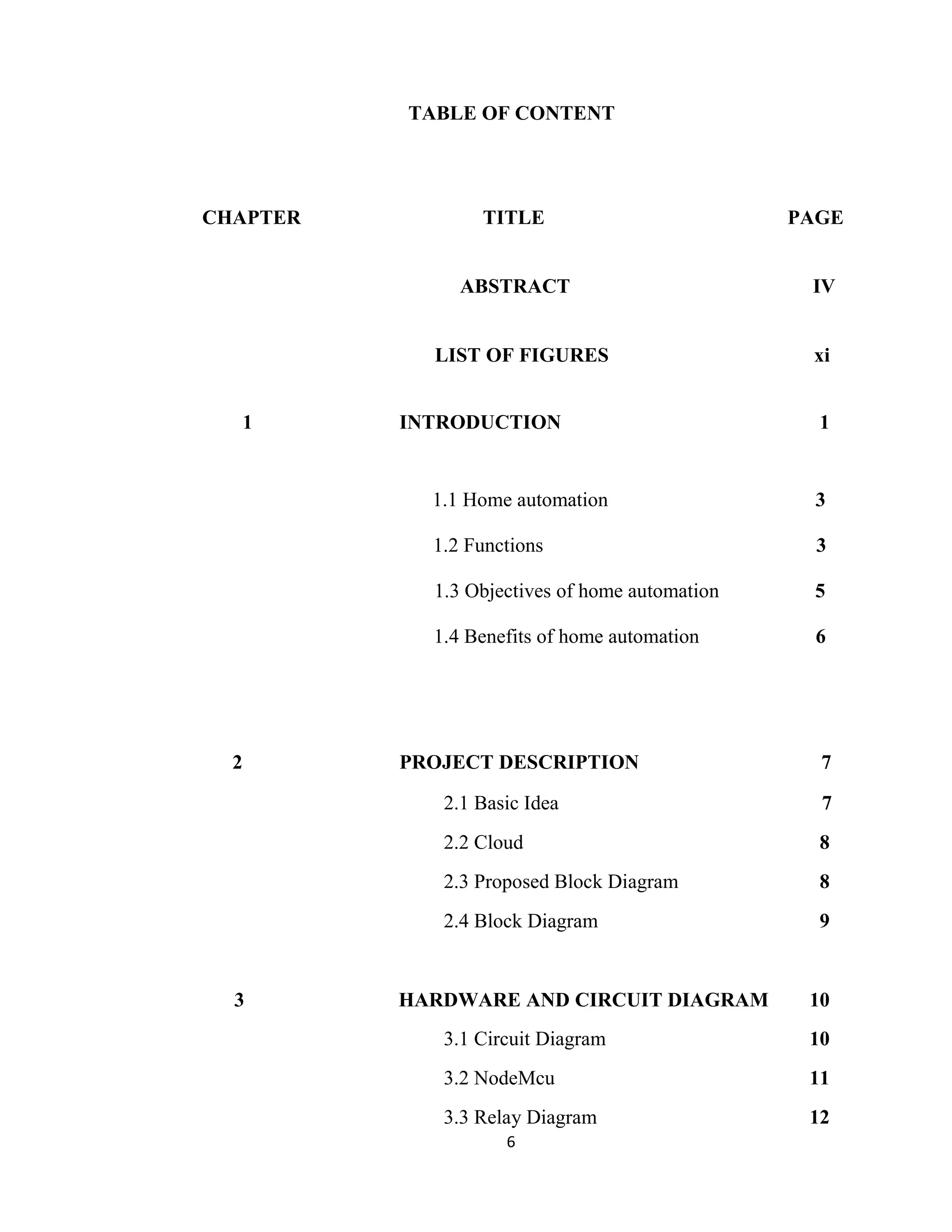 6
TABLE OF CONTENT
CHAPTER TITLE PAGE
ABSTRACT IV
LIST OF FIGURES xi
1 INTRODUCTION 1
1.1 Home automation 3
1.2 Functions 3
1.3 Objectives of home automation 5
1.4 Benefits of home automation 6
2 PROJECT DESCRIPTION 7
2.1 Basic Idea 7
2.2 Cloud 8
2.3 Proposed Block Diagram 8
2.4 Block Diagram 9
3 HARDWARE AND CIRCUIT DIAGRAM 10
3.1 Circuit Diagram 10
3.2 NodeMcu 11
3.3 Relay Diagram 12
 