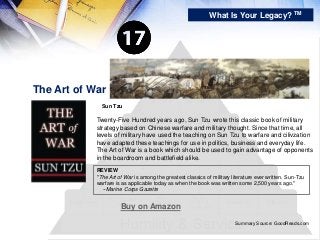 The Art of War
What Is Your Legacy? TM
Buy on Amazon
Sun Tzu
Twenty-Five Hundred years ago, Sun Tzu wrote this classic boo...