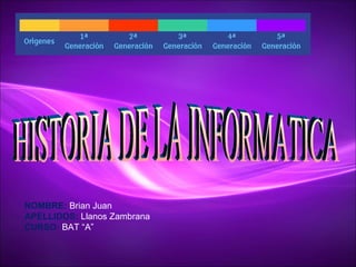 HISTORIA DE LA INFORMATICA NOMBRE:  Brian Juan APELLIDOS:  Llanos Zambrana CURSO:  BAT “A” 