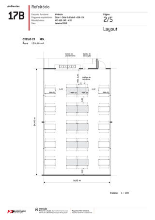 Ambientes
Respeite o Meio Ambiente.
Imprima somente o necessário
Atenção
Preserve a escala: Quando for imprimir, use
folhas A4 e desabilite a função “Fit to paper”
Refeitório
Página
2/517B Vivência
Ciclo I - Ciclo II - Ciclo II + EM - EM
M2 - M5 - M7 - M10
Janeiro/2015
Conjunto funcional
Programa arquitetônico
Módulo básico
Data
Layout
1 : 100Escala
MÍN.1,80
0,800,80
1,40 1,40
MBR-03MBR-02
módulo de
referência
129,60 m²Área
CICLO II M5
MBR-03 MBR-02
14,40m
9,00 m
balcão de
devolução
balcão de
atendimento
 