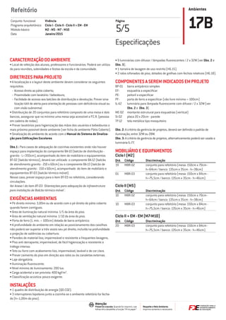 Ambientes
Respeite o Meio Ambiente.
Imprima somente o necessário
Atenção
Preserve a escala: Quando for imprimir, use
folhas A4 e desabilite a função “Fit to paper”
Refeitório
Página
5/5 17BVivência
Ciclo I - Ciclo II - Ciclo II + EM - EM
M2 - M5 - M7 - M10
Janeiro/2015
Conjunto funcional
Programa arquitetônico
Módulo básico
Data
Especiﬁcações
CARACTERIZAÇÃO DO AMBIENTE
• Local de refeição dos alunos, professores e funcionários. Poderá ser utiliza-
do para reuniões, solenidades e festas da escola e da comunidade.
DIRETRIZES PARA PROJETO
• A localização e o layout deste ambiente devem considerar os seguintes
requisitos:
- Acesso direto ao pátio coberto;
- Proximidade com lavatório / bebedouro;
- Facilidade de acesso aos balcões de distribuição e devolução. Prever sina-
lização tátil de alerta para orientação de pessoas com deﬁciência visual ou
com visão subnormal.
• Distribuição de 20 conjuntos para refeitório composto de uma mesa e dois
bancos, assegurar que no mínimo uma mesa seja acessível a P.C.R. (pessoa
em cadeira de rodas).
• Prever lavatórios para higienização das mãos dos usuários e bebedouros o
mais próximo possível deste ambiente (ver ﬁcha do ambiente Pátio Coberto).
• Sinalização do ambiente de acordo com o Manual do Sistema de Sinaliza-
ção para Ediﬁcações Escolares.
Obs.1 : Para casos de adequação de cozinhas existentes onde não houver
espaço para implantação do componente BA-10 (balcão de distribuição -
granito - L=350cm), acompanhado do item de mobiliário e equipamentos
BT-02 (balcão térmico), deverá ser utilizado o componente BA-12 (balcão
de atendimento granito - 210 x 60cm) ou o componente BA-13 (balcão de
atendimento granito - 150 x 60cm), acompanhado do item de mobiliário e
equipamentos BT-03 (balcão térmico móvel).
Nesse caso, prever espaço para o item BT-03 no refeitório, considerando
circulações.
Ver Anexo I do item BT-03: 'Orientações para adequação de infraestrutura
para instalação de Balcão térmico móvel '.
EXIGÊNCIAS AMBIENTAIS
• Pé direito mínimo: 3,00m ou de acordo com o pé direito do pátio coberto
quando forem contíguos.
• Área de iluminação natural mínima: 1/5 da área do piso.
• Área de ventilação natural mínima: 1/10 da área do piso.
• Porta de ferro (L mín. = 100cm) dotada de barra antipânico.
• A profundidade do ambiente em relação ao posicionamento dos caixilhos
não poderá ser superior a três vezes seu pé direito, incluída na profundidade
a projeção de saliências ou cobertura.
• Paredes de material liso, impermeável e resistente a frequentes lavagens.
• Piso anti derrapante, impermeável, de fácil higienização e resistente a
tráfego intenso.
• Teto ou forro com acabamento liso, impermeável, lavável e de cor clara.
• Prever caimento do piso em direção aos ralos ou às canaletas externas.
• Laje obrigatória.
• Iluminação ﬂuorescente.
• Nível mínimo de iluminamento: 200 lux.
• Carga acidental a ser prevista: 400 kgf/m2
.
• Classiﬁcação acústica: pouco exigente.
INSTALAÇÕES
• 1 quadro de distribuição de energia (QD-COZ).
• 3 interruptores bipolares junto a cozinha se o ambiente refeitório for fecha-
do (h=1,00m do piso).
• 9 luminárias com difusor / lâmpadas ﬂuorescentes / 2 x 32W (ver Obs. 2 e
Obs. 3).
• 1 torneira de lavagem de uso restrito (H6.15).
• 2 ralos sifonados de piso, dotados de grelhas com fechos rotativos (H6.18).
COMPONENTES A SEREM INDICADOS EM PROJETO
BP-01 barra antipânico simples
EF- esquadria a especiﬁcar
PE- peitoril a especiﬁcar
PF- porta de ferro a especiﬁcar (vão livre mínimo = 100cm)
IL-42 luminária para lâmpada ﬂuorescente com difusor / 2 x 32W (ver
Obs. 2 e Obs. 3)
ME-02 montante estrutural para esquadrias (vertical)
SI-02 placa 20 x 20cm - parede
TP-12 tela metálica tipo mosquiteiro
Obs. 2: A critério da gerência de projetos, deverá ser deﬁnido o padrão de
iluminação, entre 32W ou 28W.
Obs. 3: A critério da gerência de projetos, alternativamente poderá ser usada a
luminária IL-77.
MOBILIÁRIO E EQUIPAMENTOS
Ciclo I (M2)
Qtd. Código Discriminação
19 MBR-02 conjunto para refeitório (mesa: 150cm x 70cm -
h=64cm / banco: 135cm x 35cm - h=38cm)
01 MBR-03 conjunto para refeitório (mesa: 150cm x 84cm -
h=75,5cm / banco: 135cm x 35cm - h=46cm)
Ciclo II (M5)
Qtd. Código Discriminação
10 MBR-02 conjunto para refeitório (mesa: 150cm x 70cm -
h=64cm / banco: 135cm x 35cm - h=38cm)
10 MBR-03 conjunto para refeitório (mesa: 150cm x 84cm -
h=75,5cm / banco: 135cm x 35cm - h=46cm)
Ciclo II + EM - EM (M7-M10)
Qtd. Código Discriminação
20 MBR-03 conjunto para refeitório (mesa: 150cm x 84cm -
h=75,5cm / banco: 135cm x 35cm - h=46cm)
 