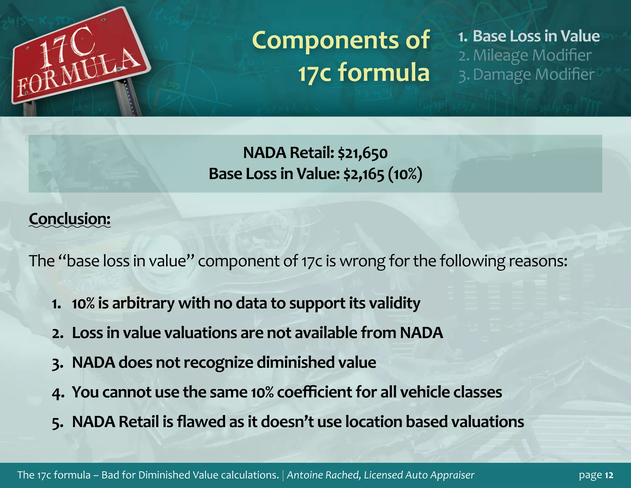 The 17c formula – Bad for Diminished Value calculations. | Antoine Rached, Licensed Auto Appraiser page 12
Components of
17c formula
Base Loss in Valu1.	 e
Mileage Modifie2.	 r
Damage Modifie3.	 r
Conclusion:
The “base loss in value” component of 17c is wrong for the following reasons:
10% is arbitrary with no data to support its validity1.	
Loss in value valuations are not available from NADA2.	
NADA does not recognize diminished value3.	
You cannot use the same 10% coefficient for all vehicle classes4.	
NADA Retail is flawed as it doesn’t use location based valuations5.	
NADA Retail: $21,650
Base Loss in Value: $2,165 (10%)
 